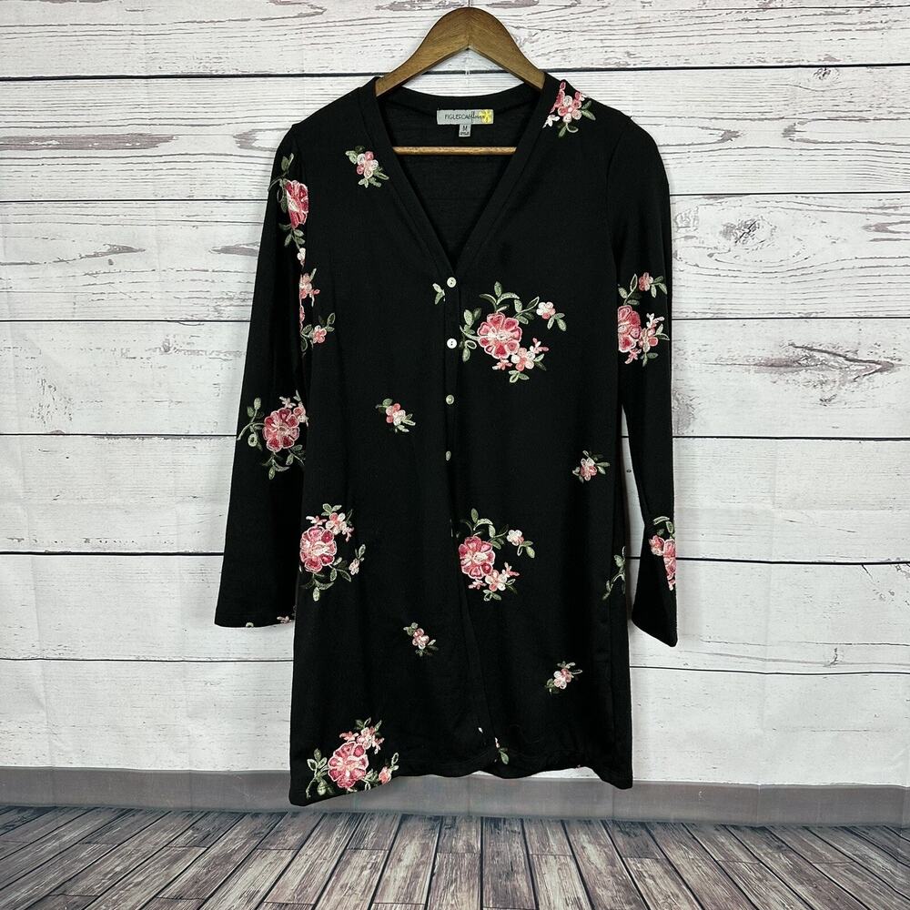 Figueroa Flower Cardigan Sweater Womens Medium‎ Black Floral Embroidered Garden